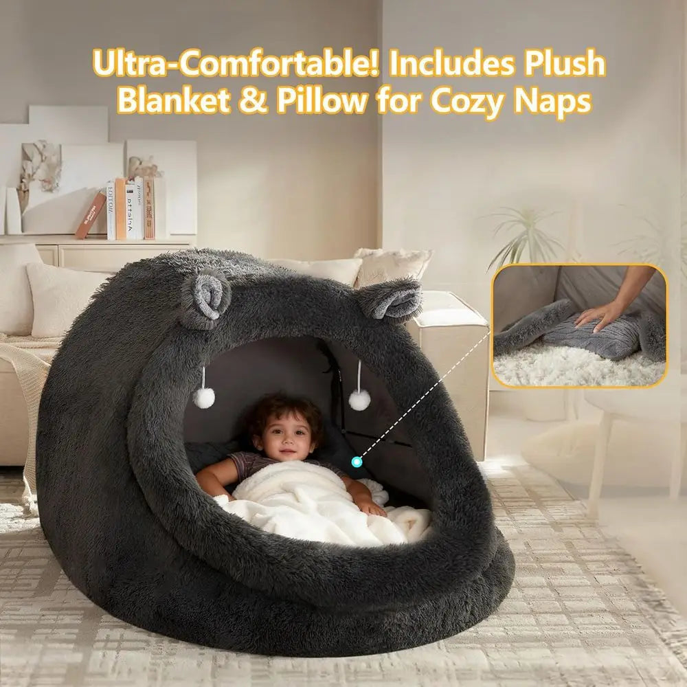 Plush Nylon Pet Bed With Removable Pillow And Blanket