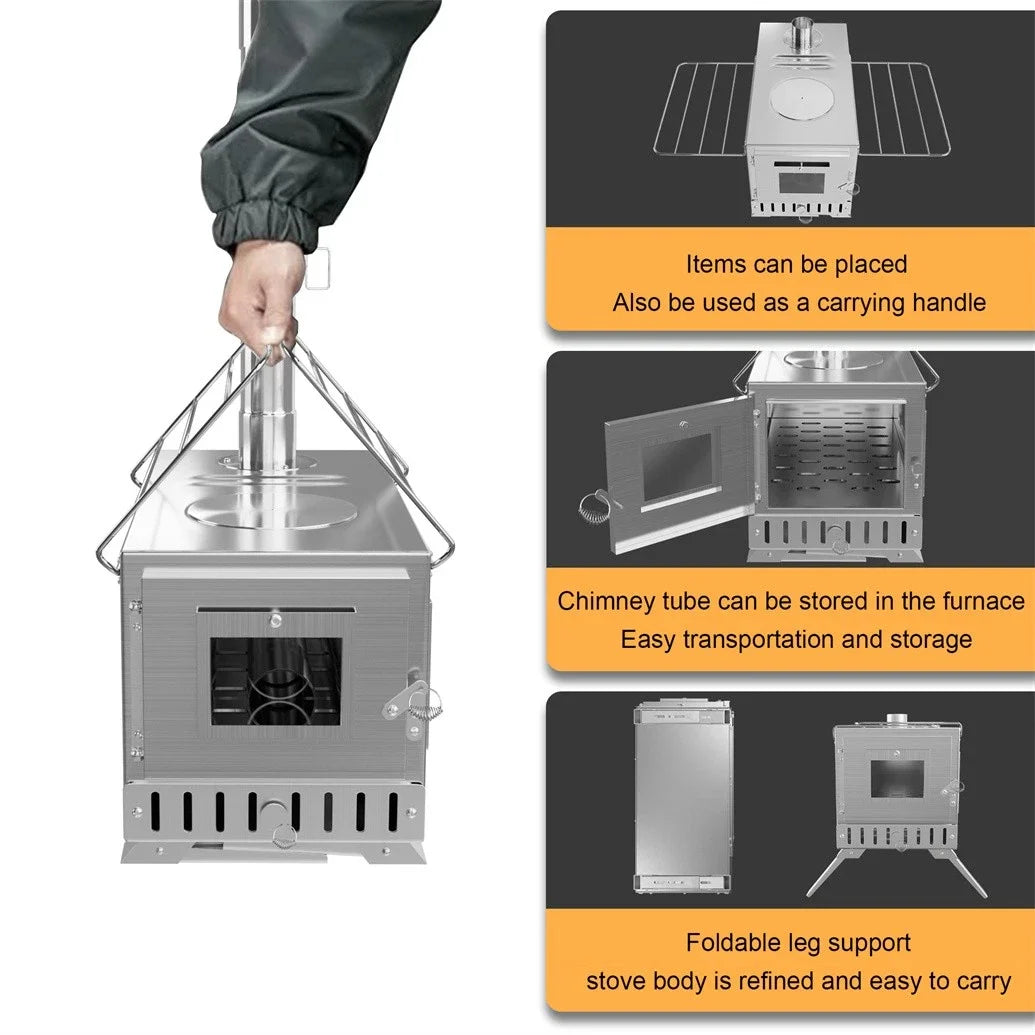 Wood Burning Portable Stove With 6 Stainless Chimney Pipes
