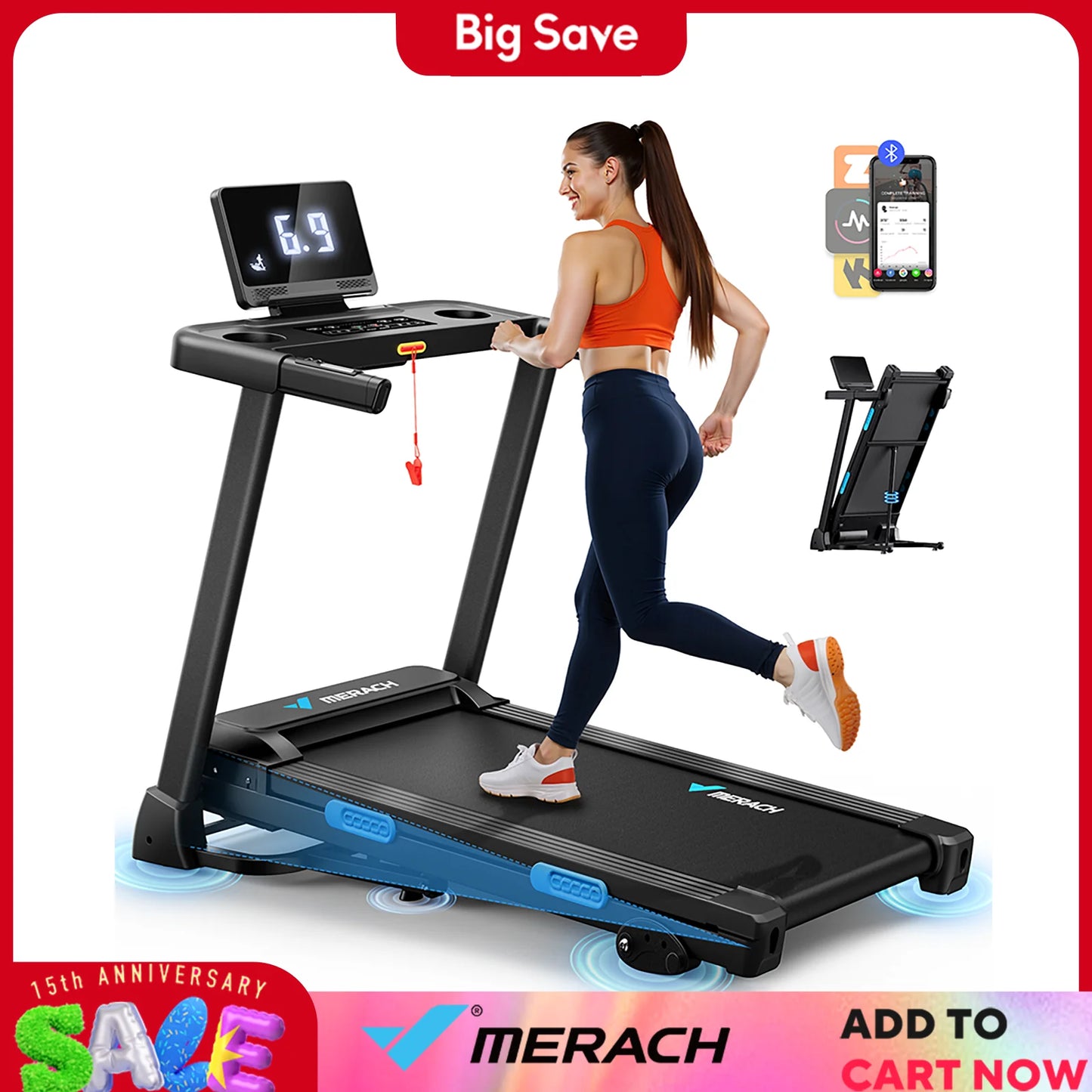MERACH Foldable Treadmill T12 Incline Quiet With Heart Rate Monitoring