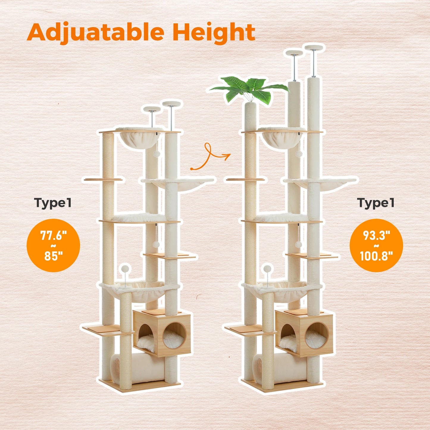 PAWZ Road Height Adjustable Wooden Cat Tree With Hammock And Scratching Posts