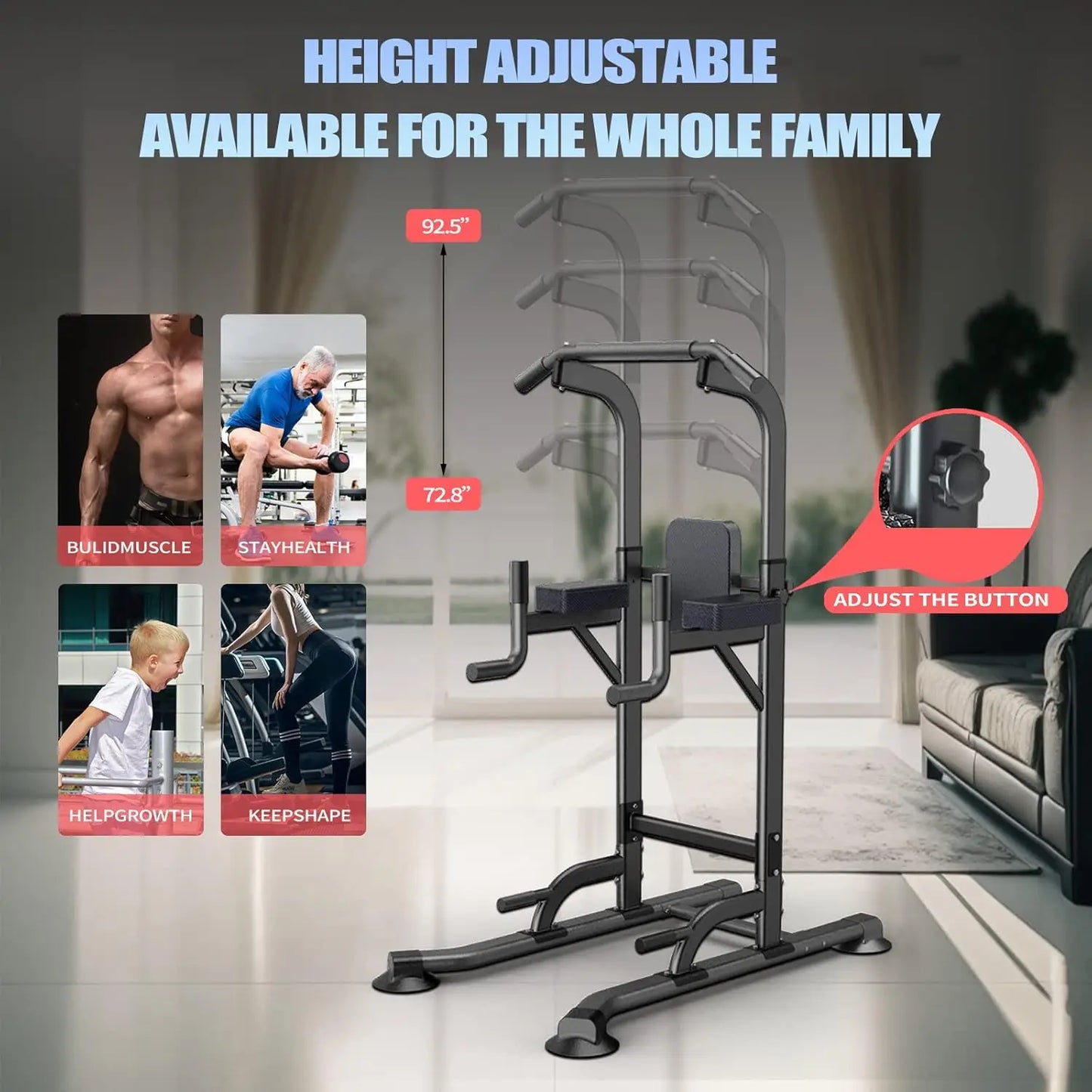 Adjustable Height Power Tower Home Gym Pull Up Dip Station