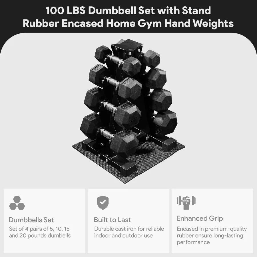 XMSJ Rubber Coated Hex Dumbbell Weight Set With Rack