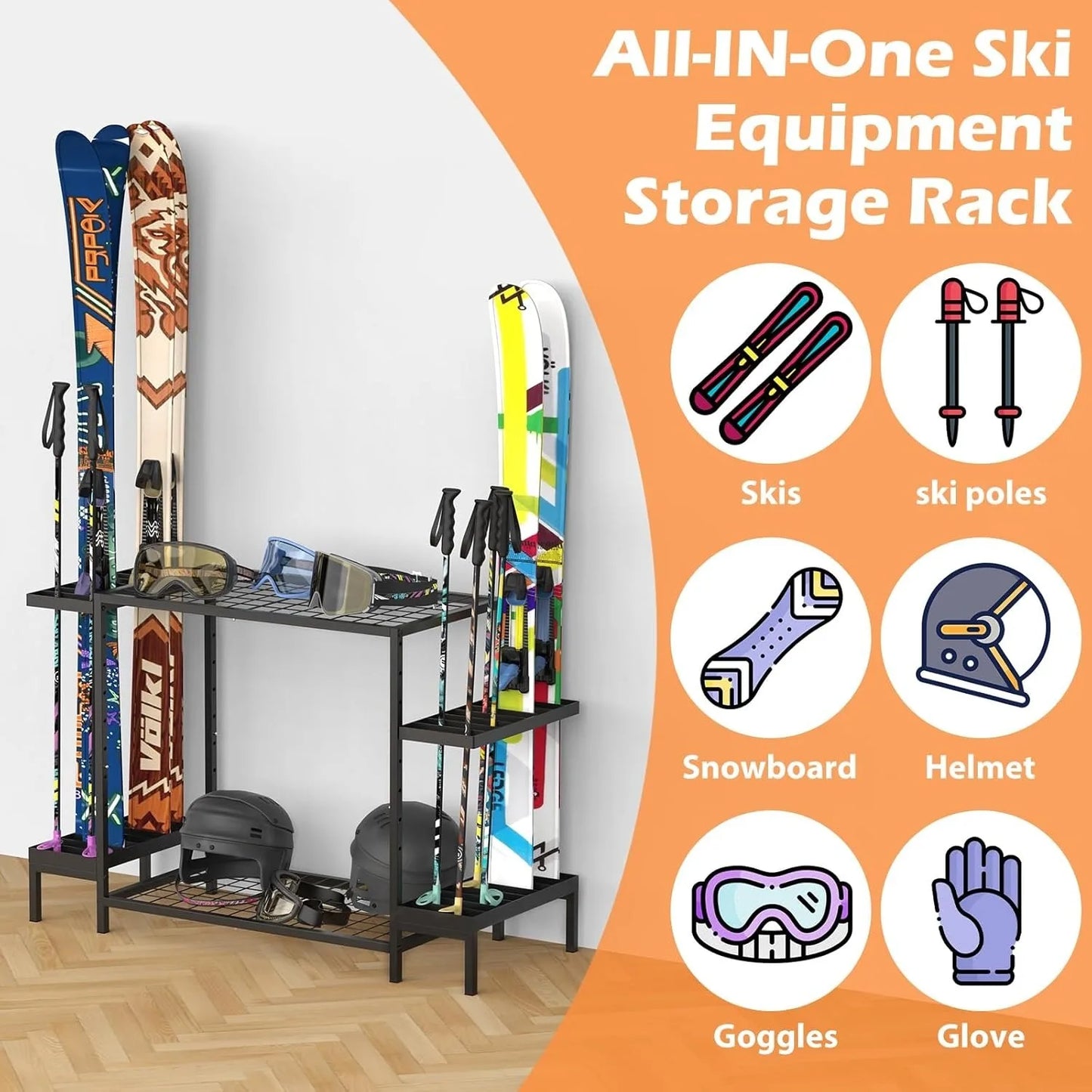 Free-Standing Ski And Snowboard Rack 6-Pair Garage Organizer