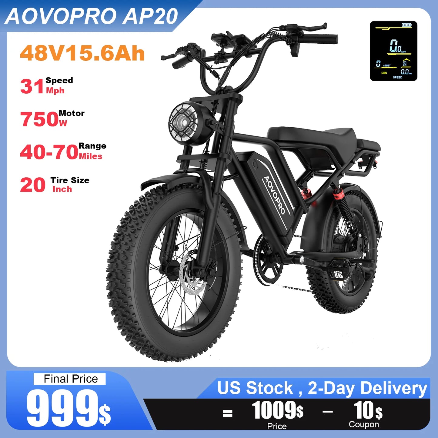 AOVOPRO AP20 Electric Scooter 1500W Peak Power 70 Mile Range