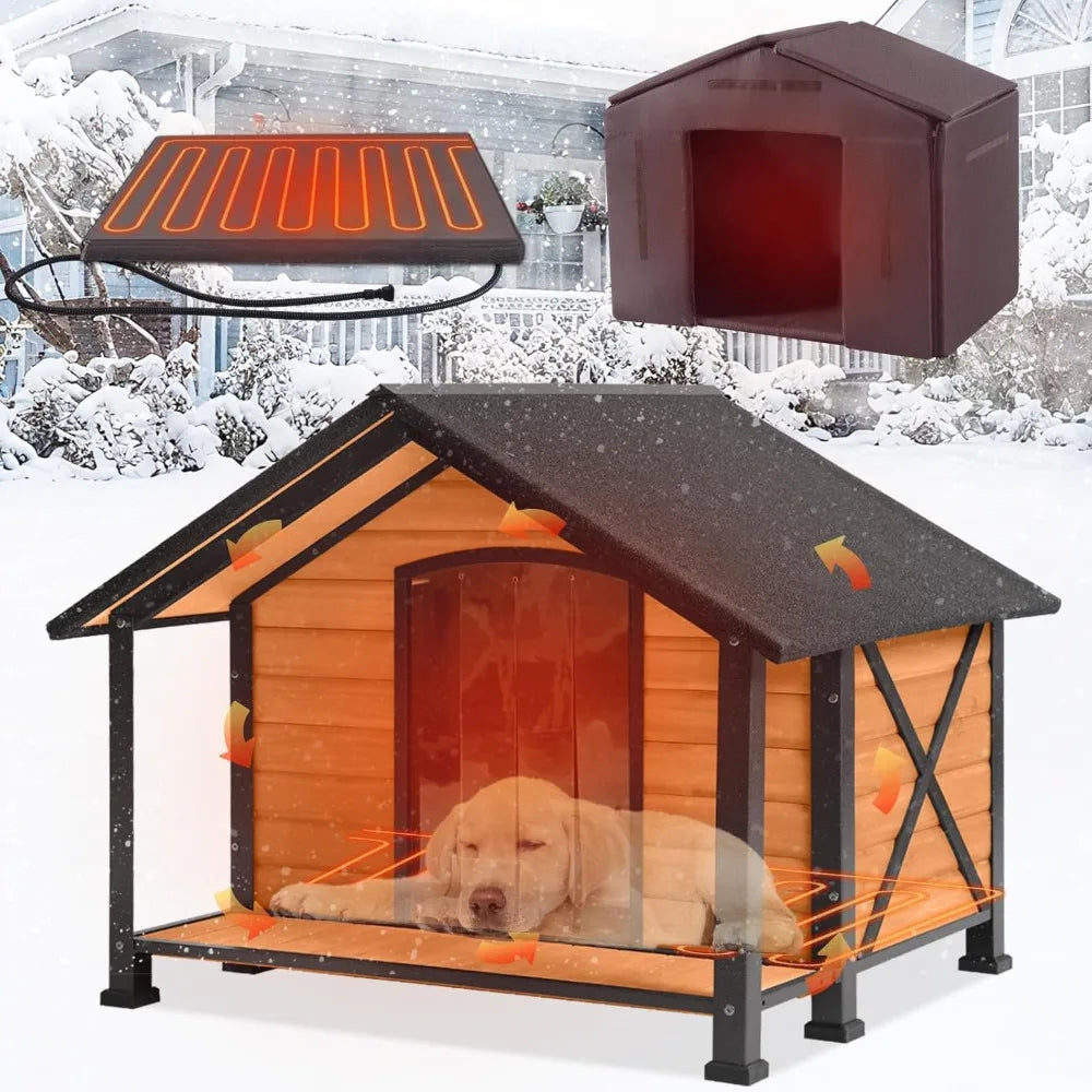 Heated Outdoor Dog House Insulated Wooden Kennel With Heating Pad