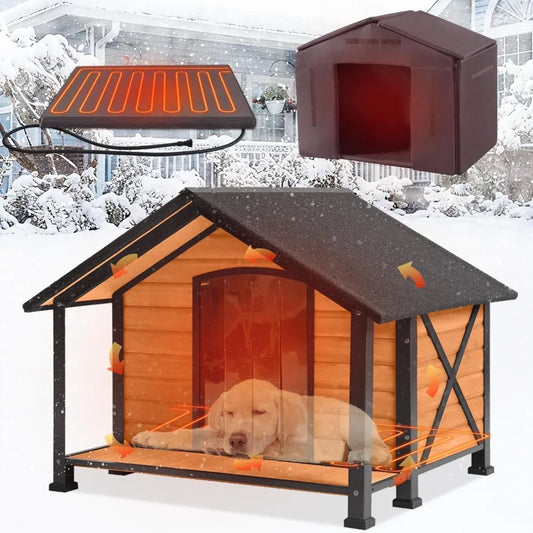 Heated Outdoor Dog House Insulated Wooden Kennel With Heating Pad