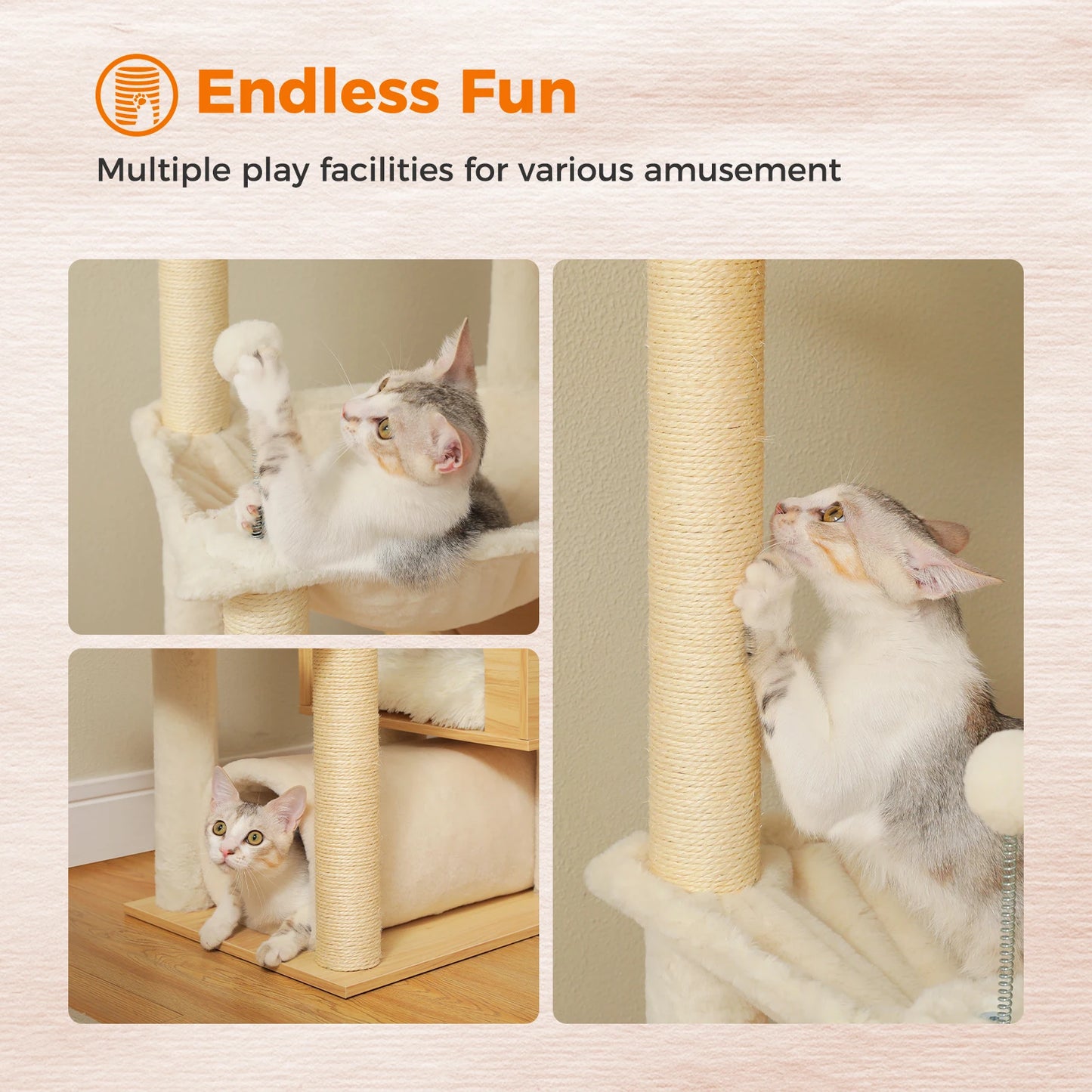 PAWZ Road Height Adjustable Wooden Cat Tree With Hammock And Scratching Posts