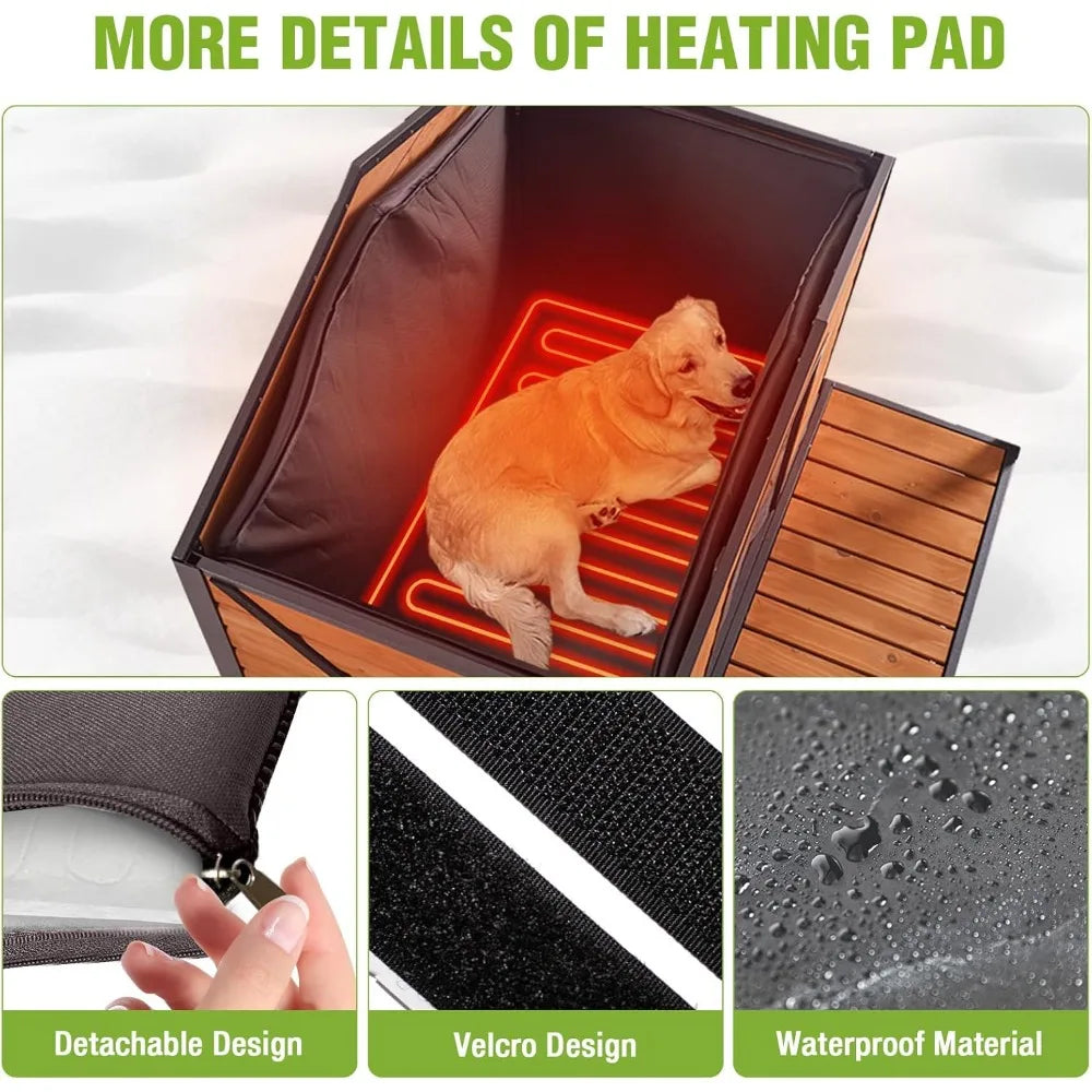 Heated Outdoor Dog House Insulated Wooden Kennel With Heating Pad