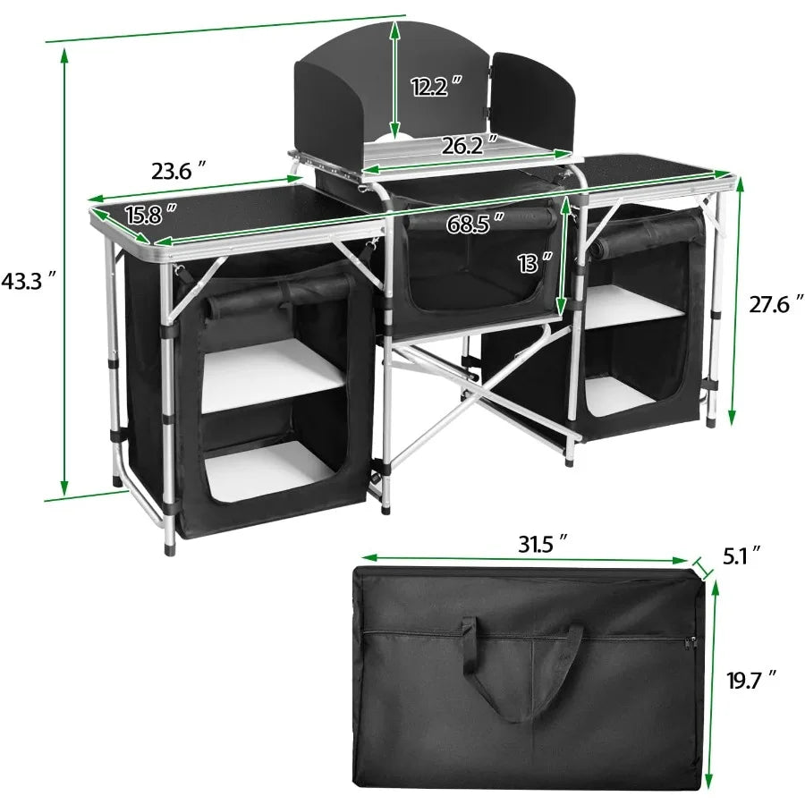 Portable Folding Cooking Table Aluminum Camp Kitchen With Storage Organizer