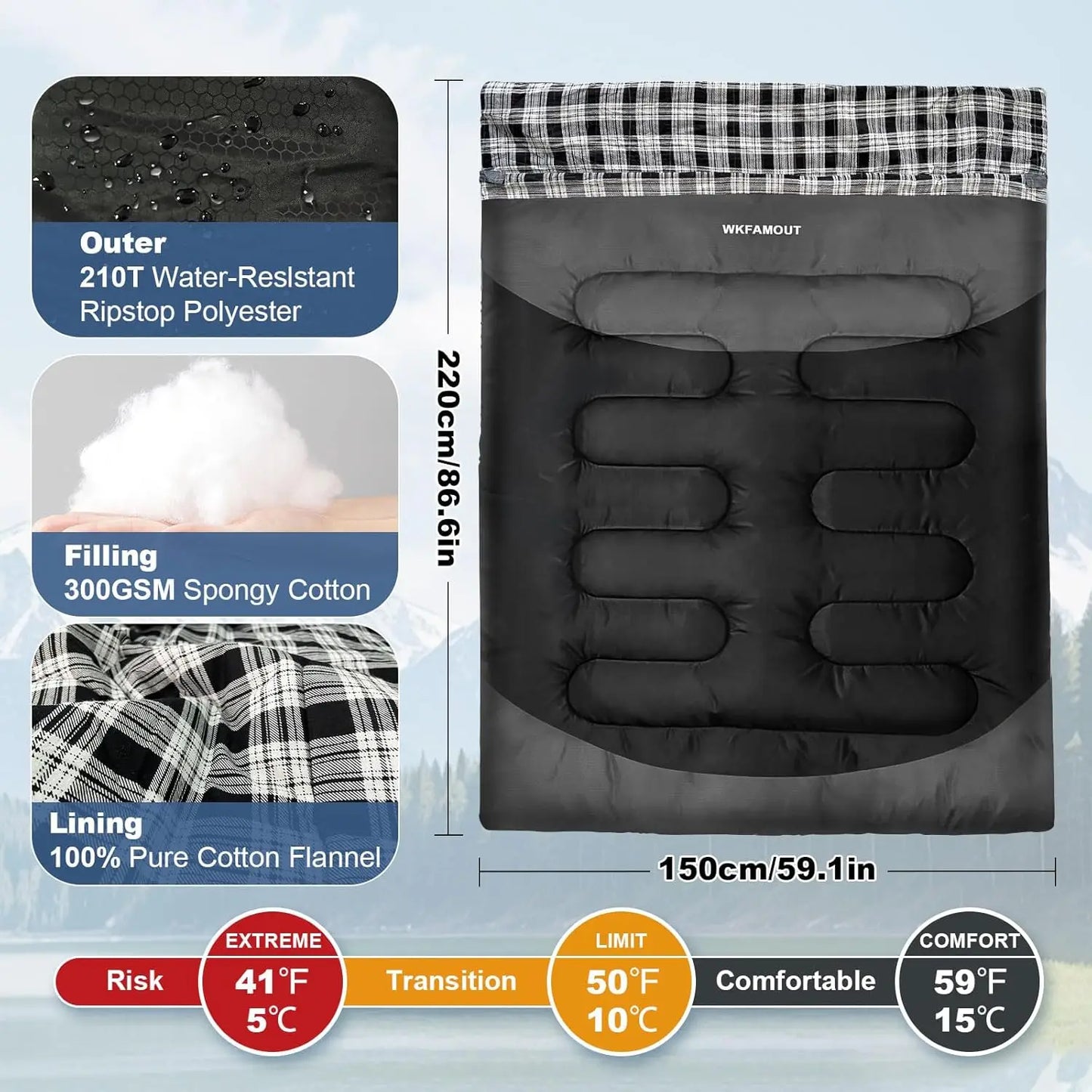 Waterproof Sleeping Bag For Adults Machine Washable 3-4 Seasons