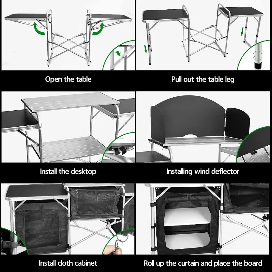 Portable Folding Cooking Table Aluminum Camp Kitchen With Storage Organizer