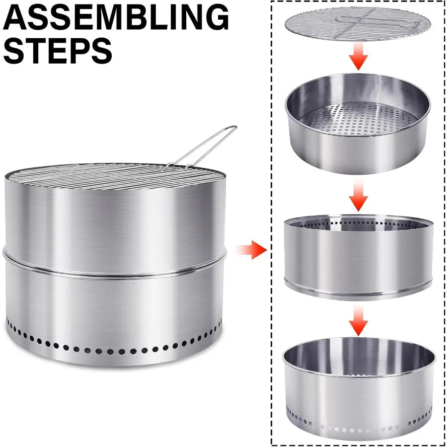 Smokeless Firepit With Grill Portable Wood Burning Outdoor Fire Pit