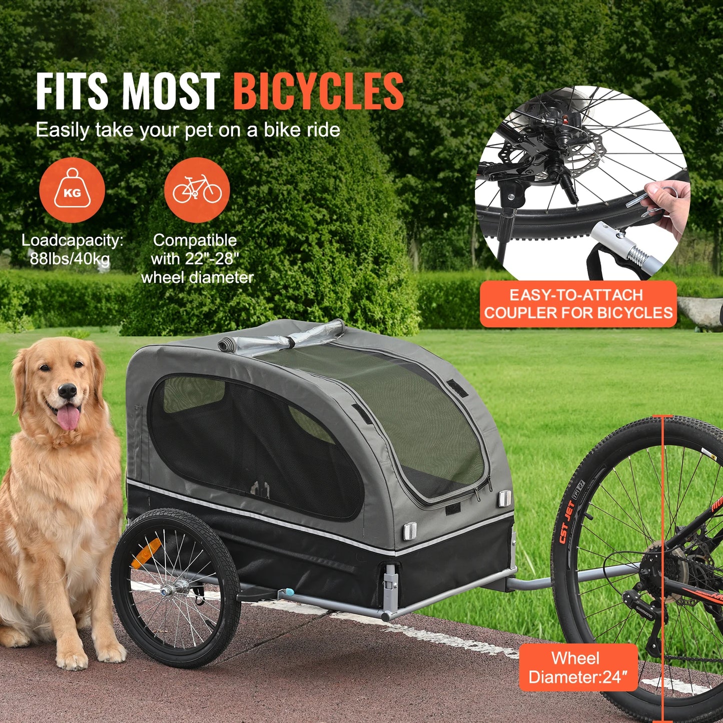 Dog Bike Trailer Carrier With Wheels Reflectors Collapsible