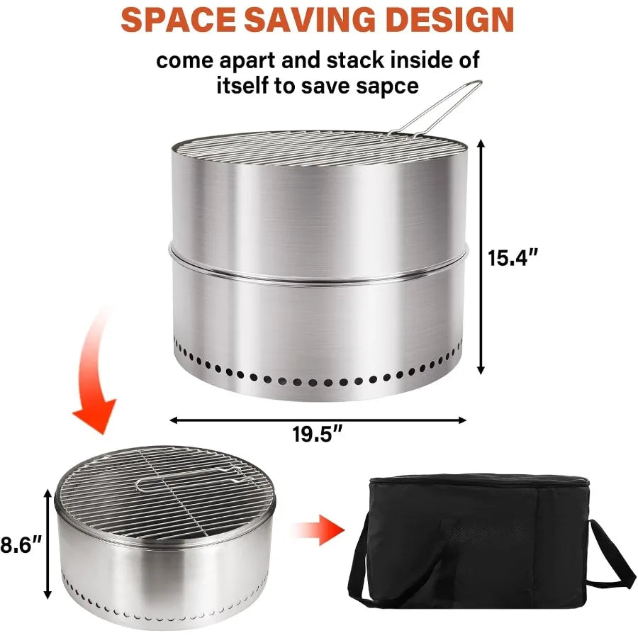 Smokeless Firepit With Grill Portable Wood Burning Outdoor Fire Pit