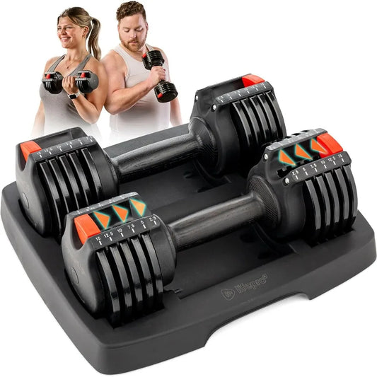 Adjustable Dumbbells Set Five In One 15lb Pair With Rack