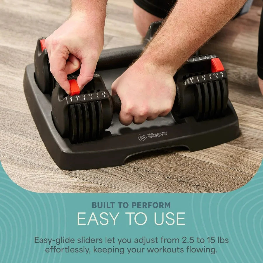 Adjustable Dumbbells Set Five In One 15lb Pair With Rack