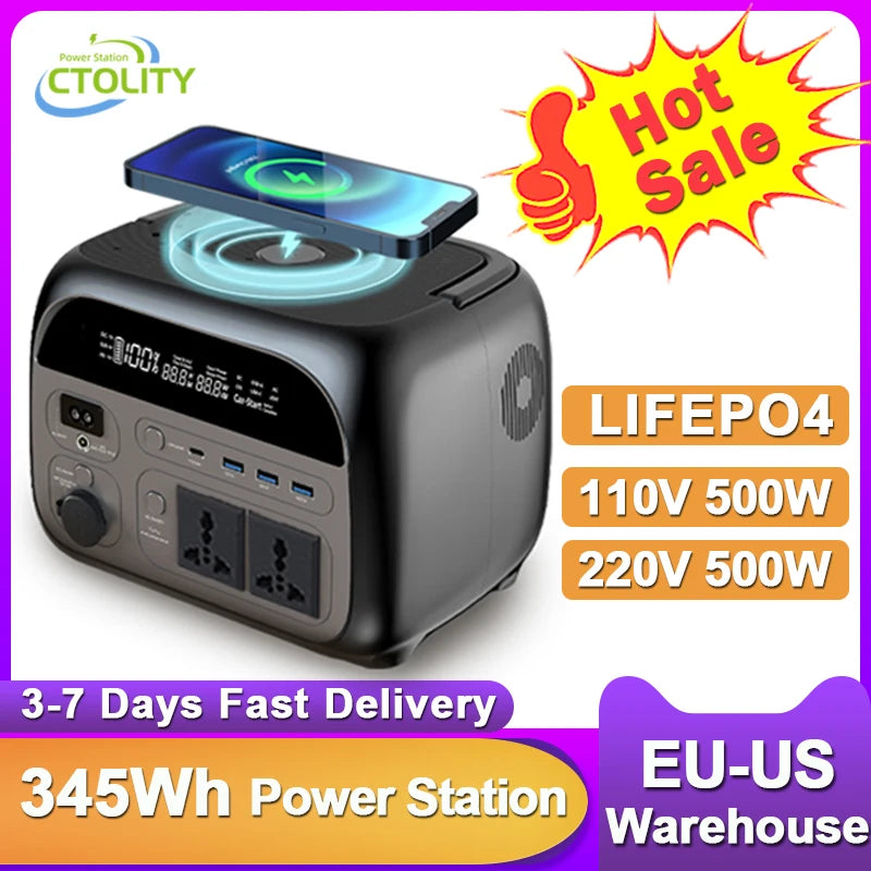 CTOLITY 500W Camping Power Station 345.6Wh LiFePo4 Portable Solar Generator