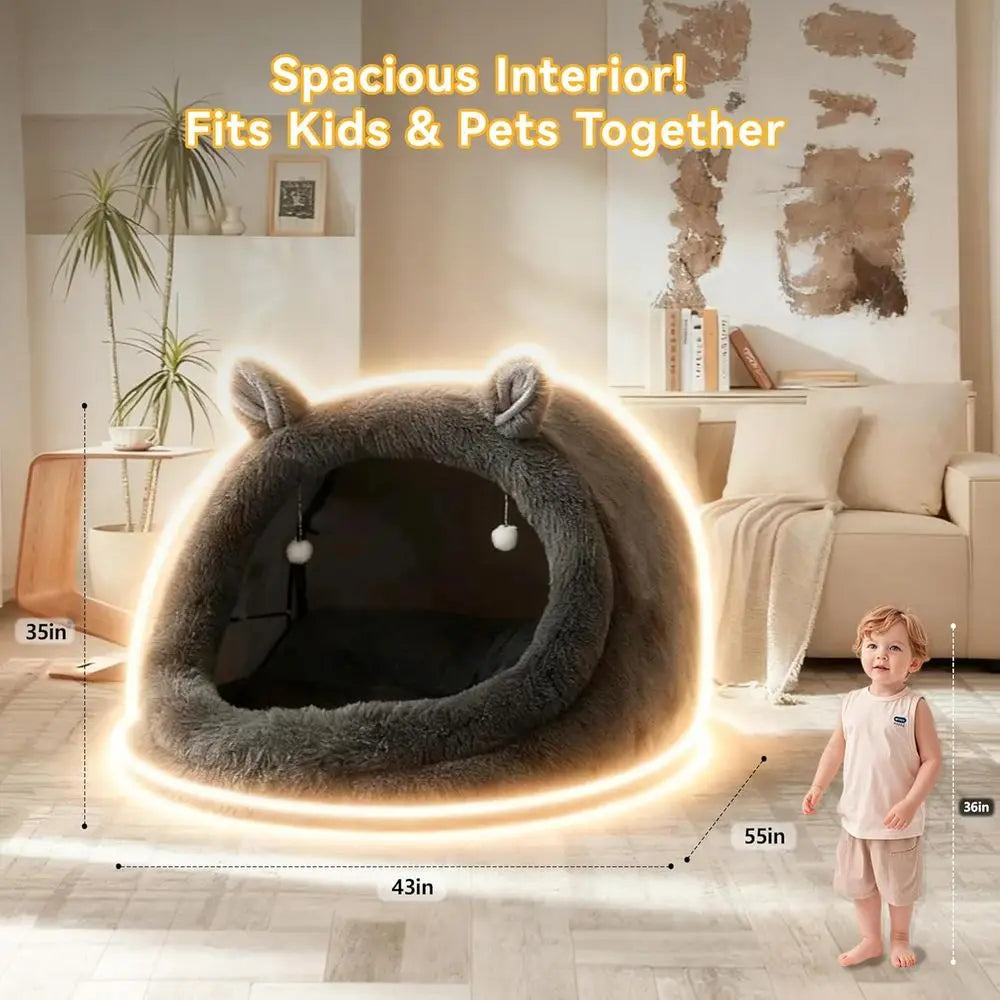 Plush Nylon Pet Bed With Removable Pillow And Blanket
