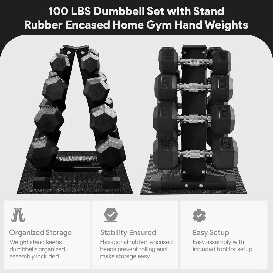 XMSJ Rubber Coated Hex Dumbbell Weight Set With Rack