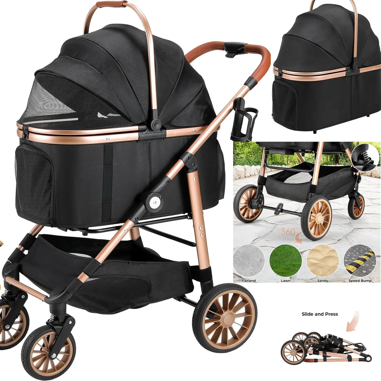 360 Degree High Wheels Cat And Dog Stroller Two In One Foldable Transport