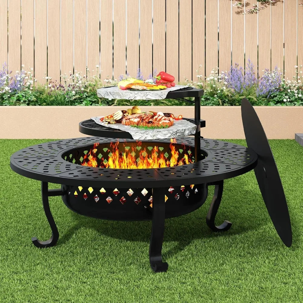 Outdoor Wood Burning Fire Pit With Grill And Lid Included