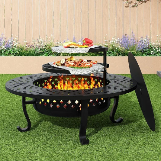 Outdoor Wood Burning Fire Pit With Grill And Lid Included
