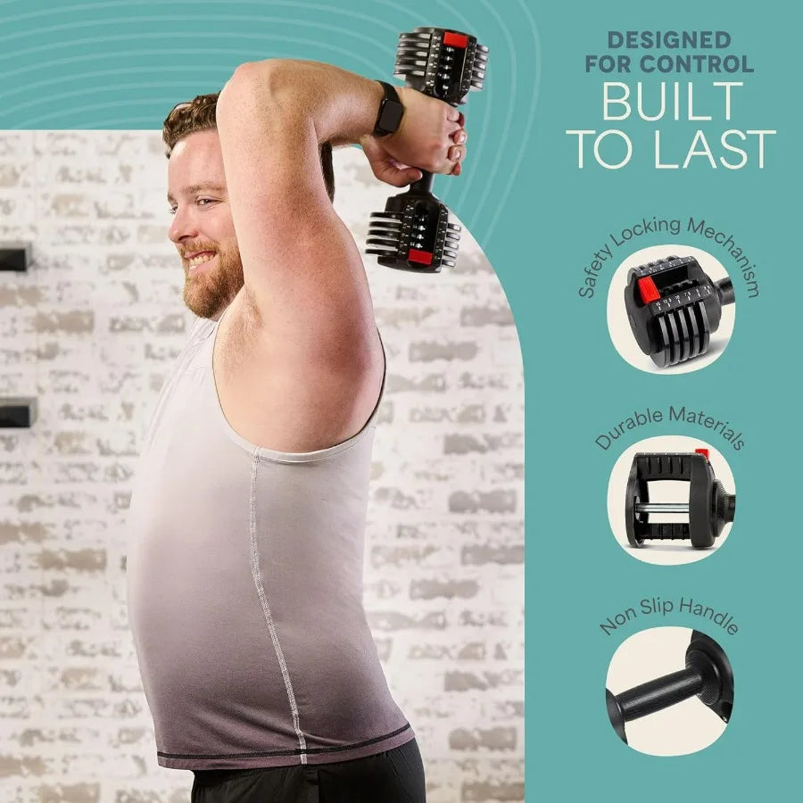 Adjustable Dumbbells Set Five In One 15lb Pair With Rack