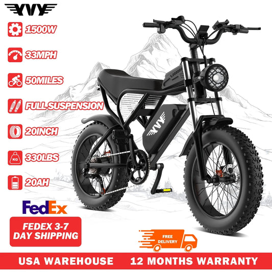 YVY Electric Fat Tire Bike All Terrain 1500W 33MPH 48V Removable Battery