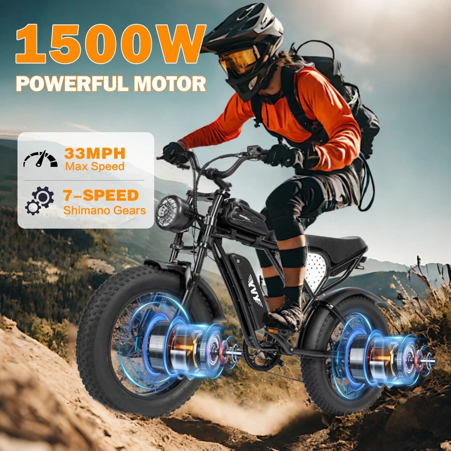 YVY Electric Fat Tire Bike All Terrain 1500W 33MPH 48V Removable Battery