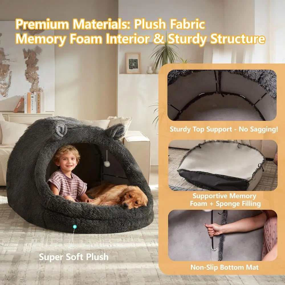 Plush Nylon Pet Bed With Removable Pillow And Blanket