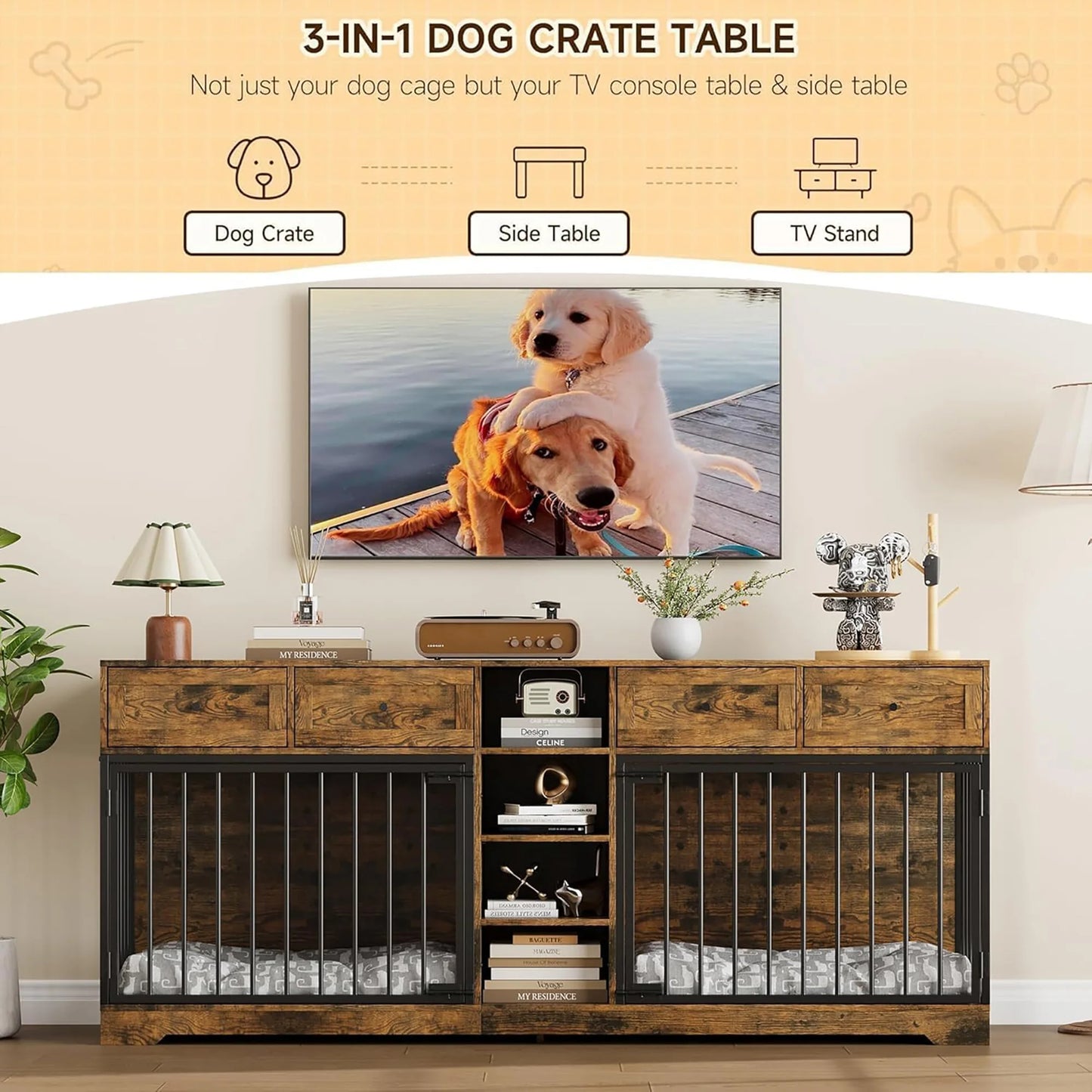 DishyKooker Heavy Duty Double Dog Crate Furniture TV Stand