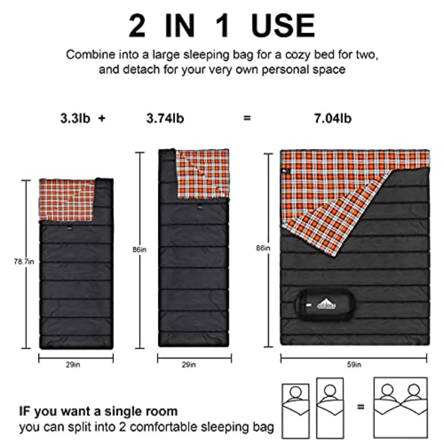NONECN Cotton Flannel Double Sleeping Bag Waterproof For Two