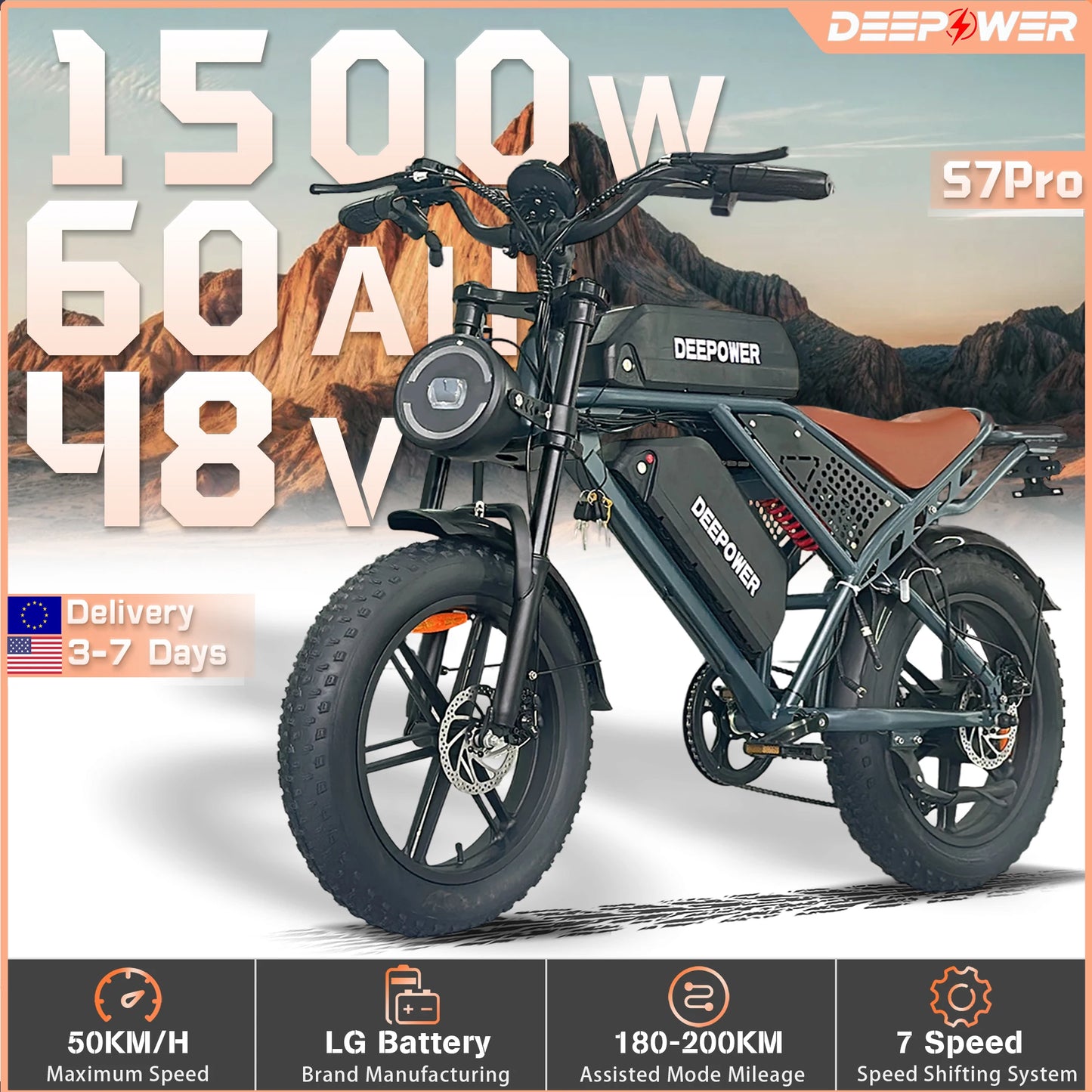 DEEPOWER S7Pro Off-Road Electric Bike 1500W Brushless Motor