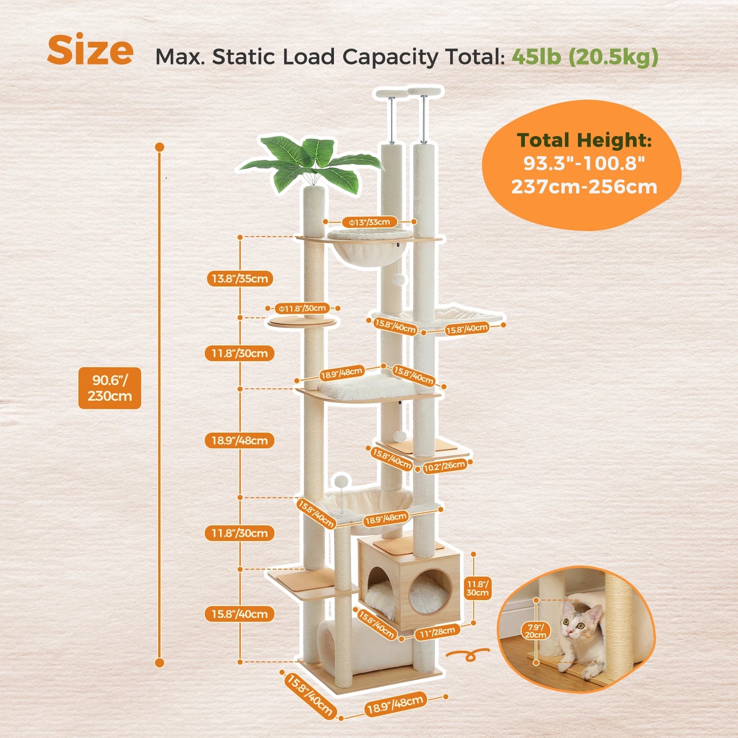 PAWZ Road Height Adjustable Wooden Cat Tree With Hammock And Scratching Posts