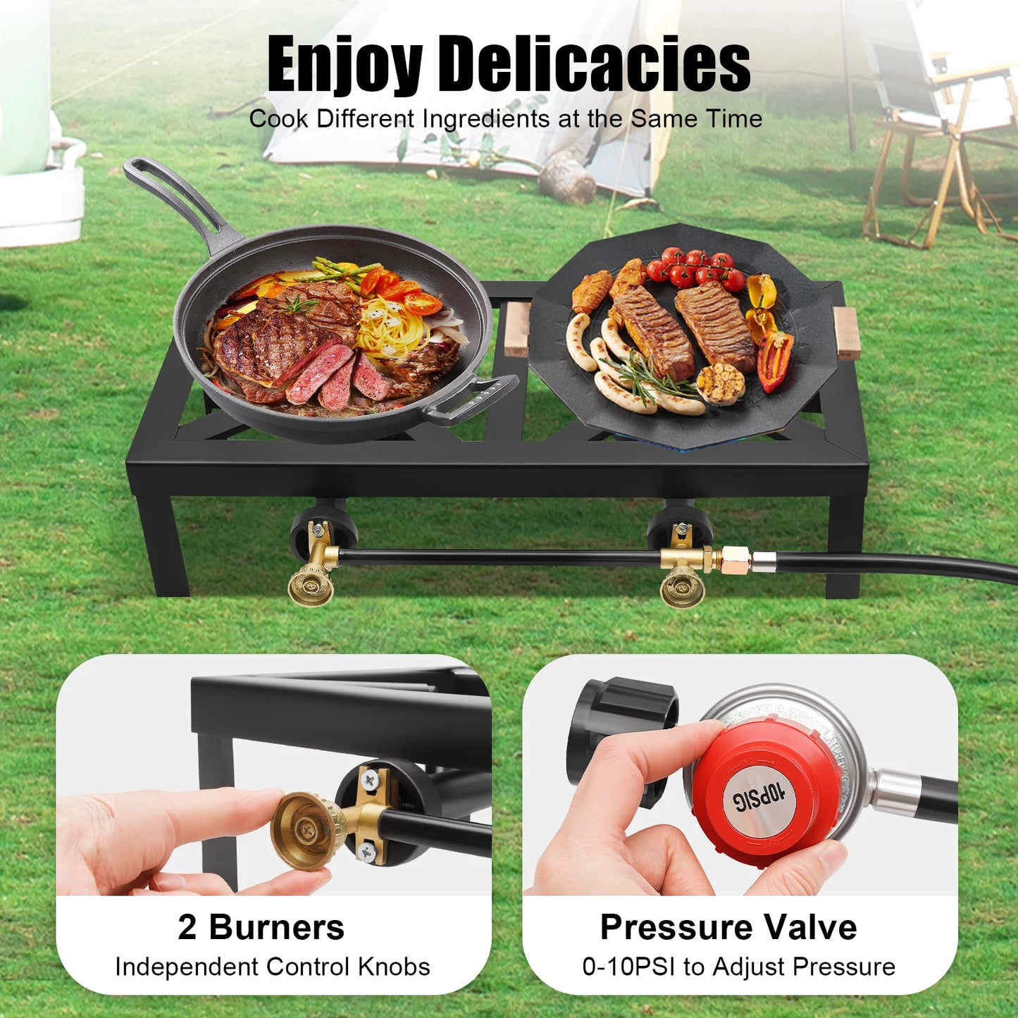 Portable Double Burner Gas Stove With 0-10 PSI Regulator Hose